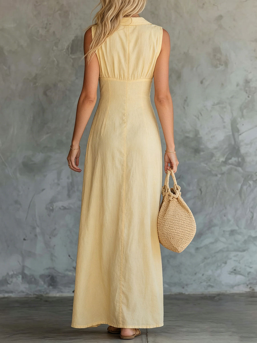 Women's Retro Lapel Light Yellow Cotton-linen Shirt Dress