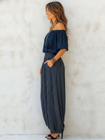 Casual Off-shoulder Linen & Cotton Top With Striped Lantern Pants Two-piece Set
