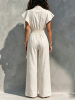 Vacation-Style Women's Linen-Blend Jumpsuit — Stand Collar, Chinese Knot Buttons, Flowy Short Sleeves, High Waist, and Wide-Leg Pants