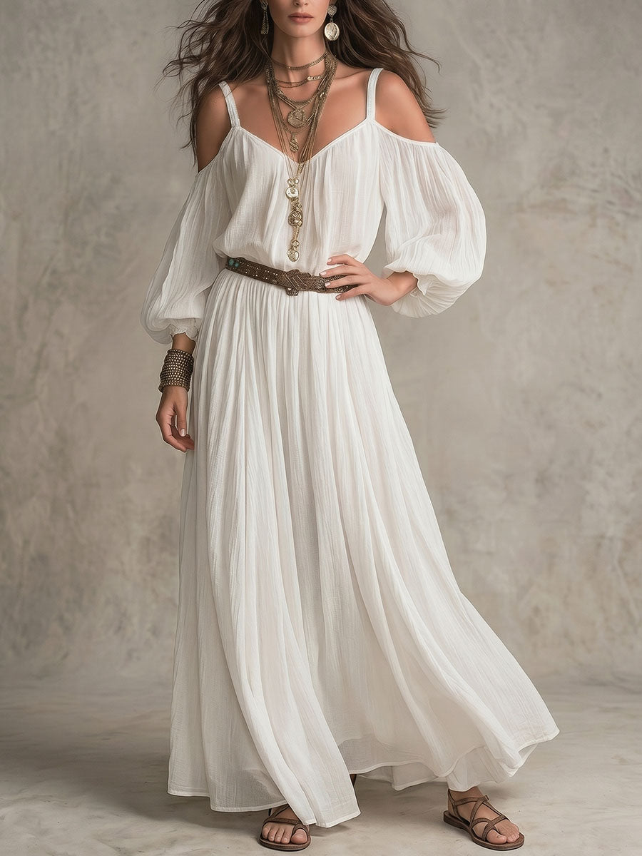 Women's Loose-fit Casual V-neck Off-shoulder Long-sleeve Dress