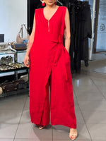 Women's Solid-color V-neck Sleeveless Casual Loose Cotton-linen Wide-leg Jumpsuit