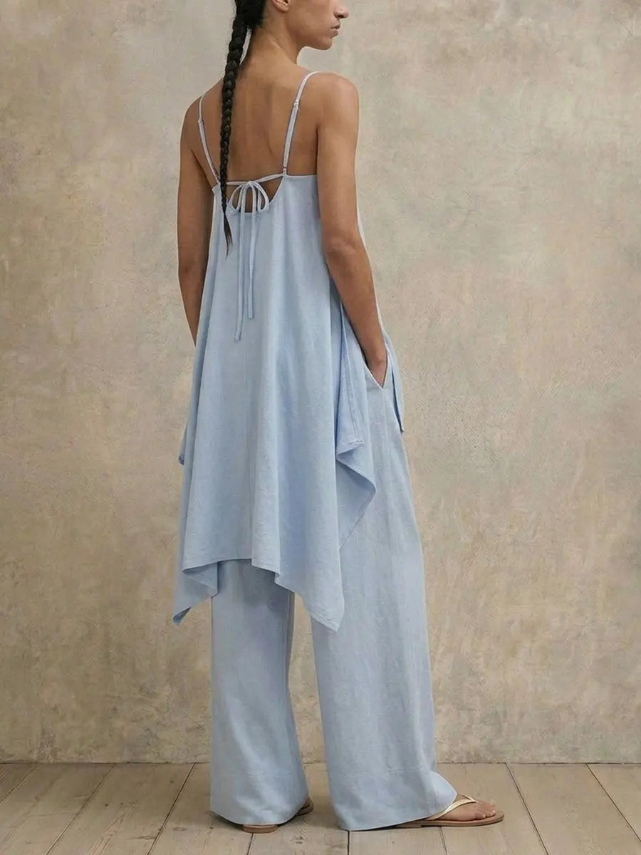 Women Light Blue 2 Piece Outfit, Spaghetti Strap Side Split Long Cami Top + High Waist Wide Leg Pants Casual Lounge Set