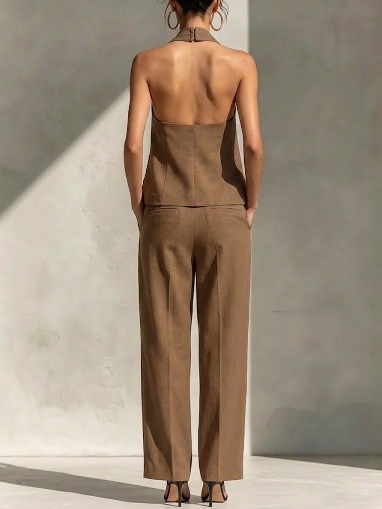 Women's Minimalist Halter V-neck Sleeveless Top With Wide-leg Cotton-linen Set