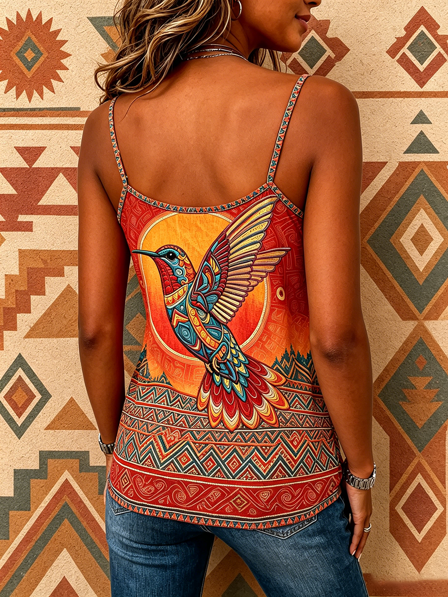 Retro Boho Hummingbird Print Spaghetti Strap Tank Top