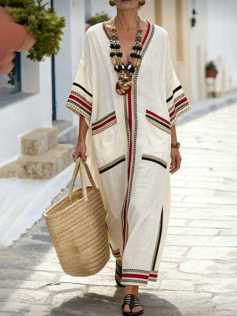 Women's Casual Loose Cotton-linen Dress With Placement Print V-neck And 3/4 Sleeves