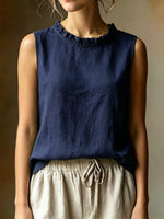 Women's Loose-fit Sleeveless Shirt With Ruffled Crew Neck