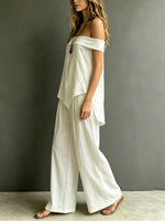 Women's Vintage Cotton-linen Off-shoulder Sleeveless Top And Trousers Set