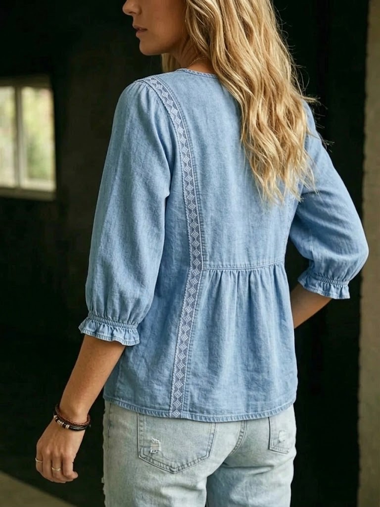 Casual Denim Shirt With Webbing Paneling