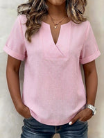 Casual Pink Fine-striped Short-sleeve Linen And Cotton Top