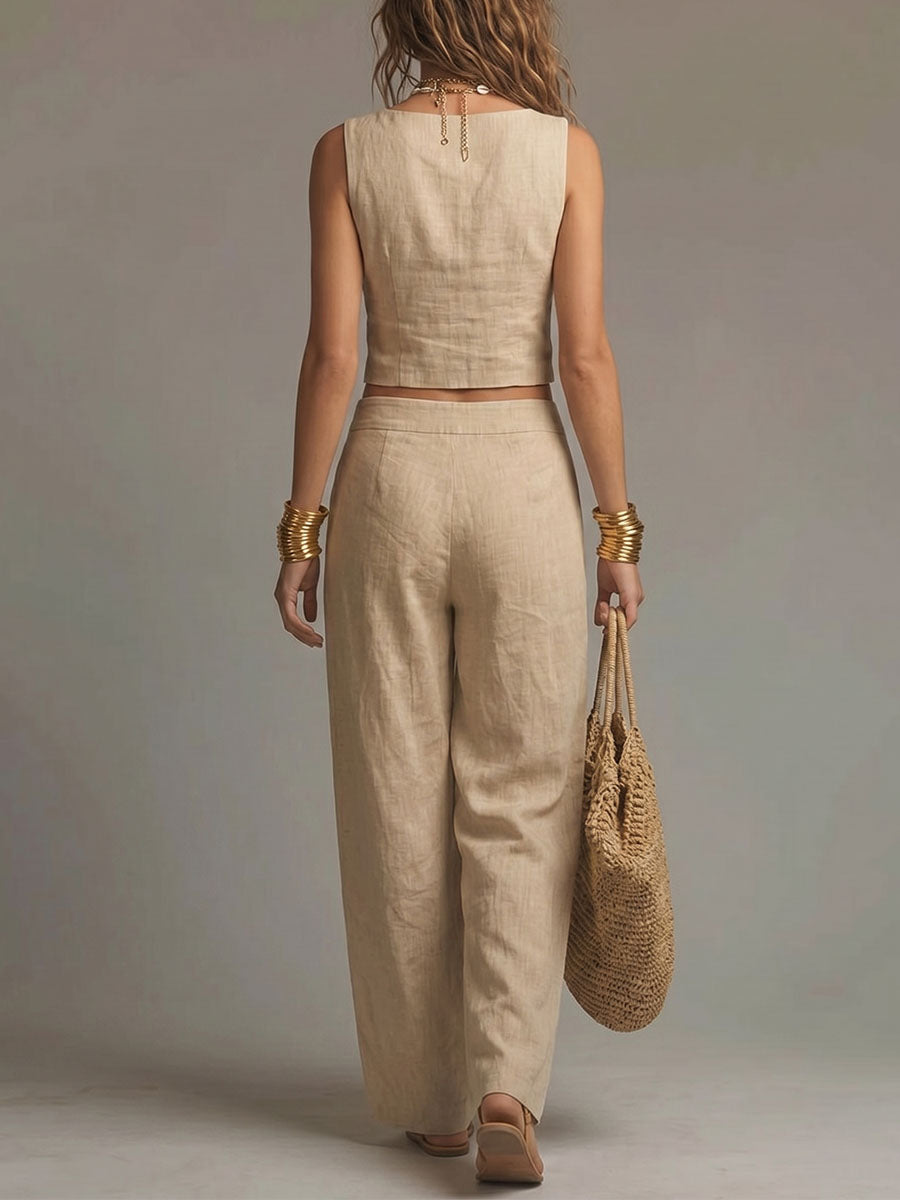 Women's square-neck sleeveless cropped cotton-linen top and trousers set
