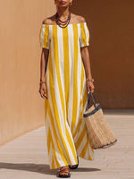 Women's Striped Print Off-shoulder Short-sleeve Casual Loose Cotton-linen Dress