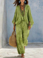 Women's Geometric Print V-neck Long-sleeve Loose Casual Top & High-waisted Wide-leg Pants Set