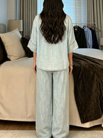 Women's Loungewear Set: Loose-Fit Short-Sleeve Button-Down Shirt & Elastic-Waist Wide-Leg Pants