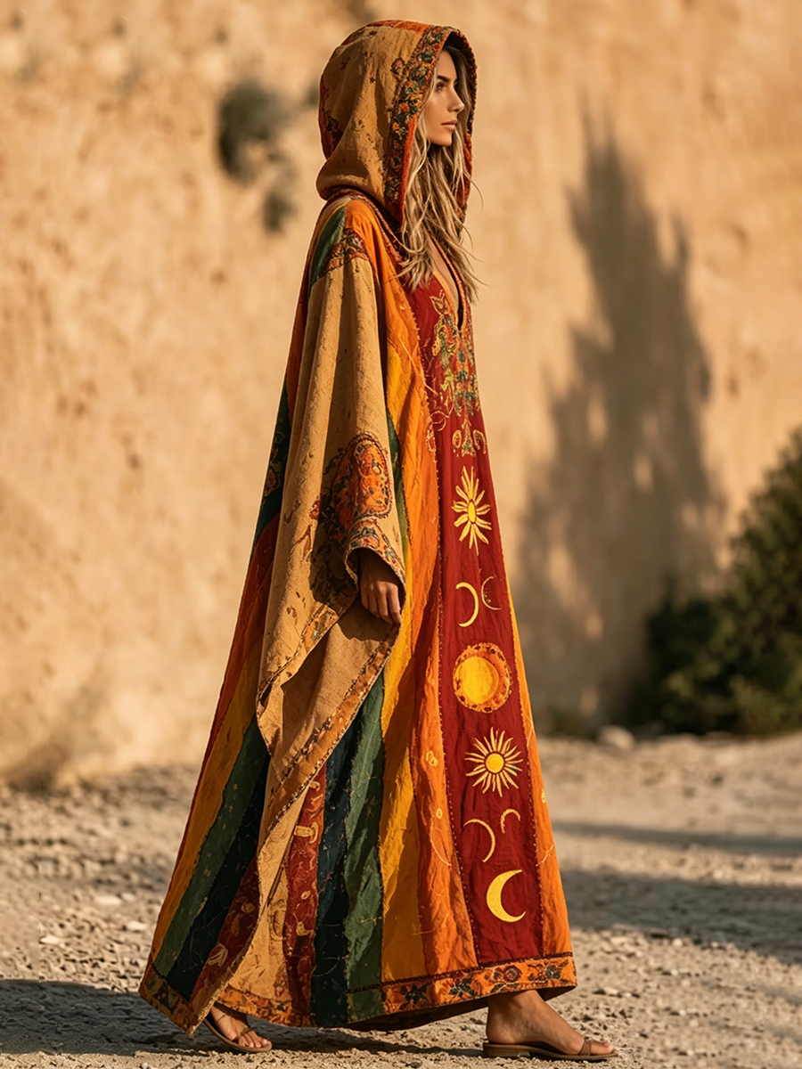 Boho Star & Moon Print Cotton-linen Hooded Dress