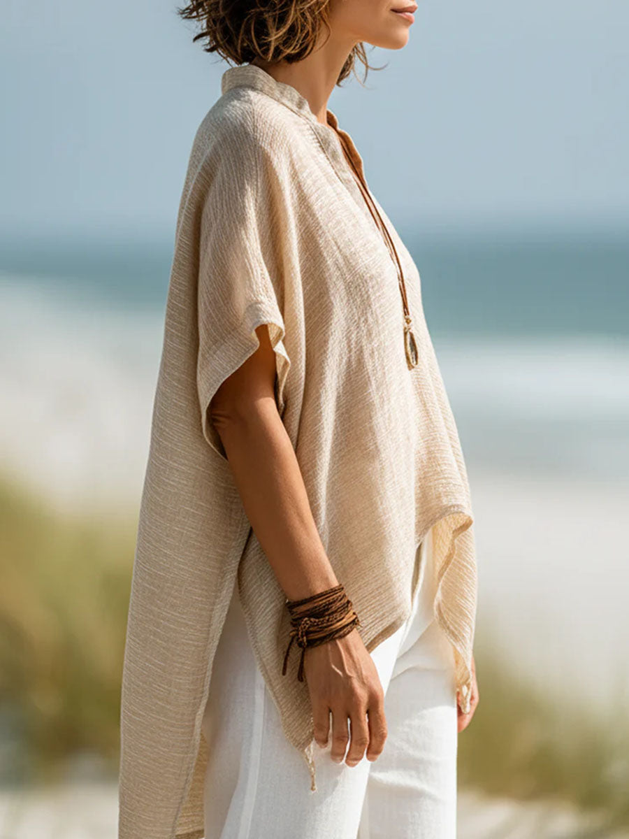 Women's Solid-color V-neck Short-sleeve Casual Loose Cotton-linen Top