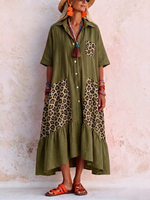 Casual Boho Leopard Print Cotton-linen Dress