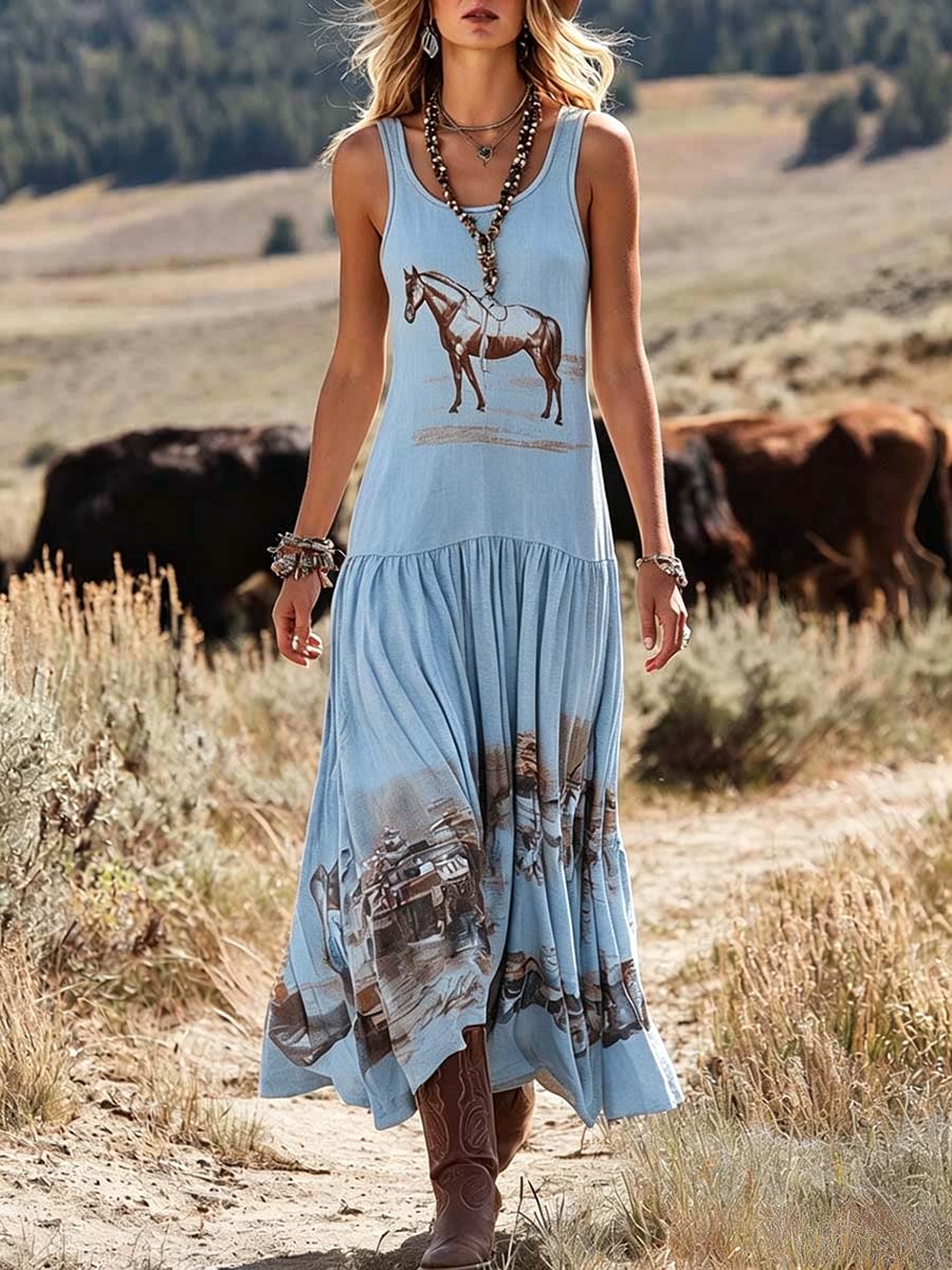 Women's Casual Loose-fit Cotton Dress — Sleeveless Crew Neck Placement Print