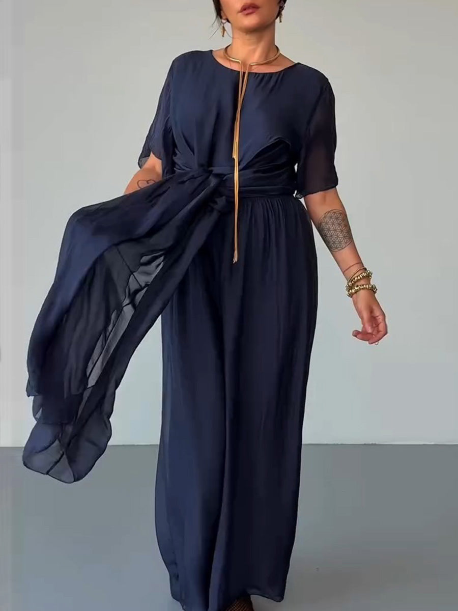 Women's Solid-color Chiffon Two-piece Set: Loose-fit Short-sleeve Round-neck Top & High-waisted Wide-leg Pants
