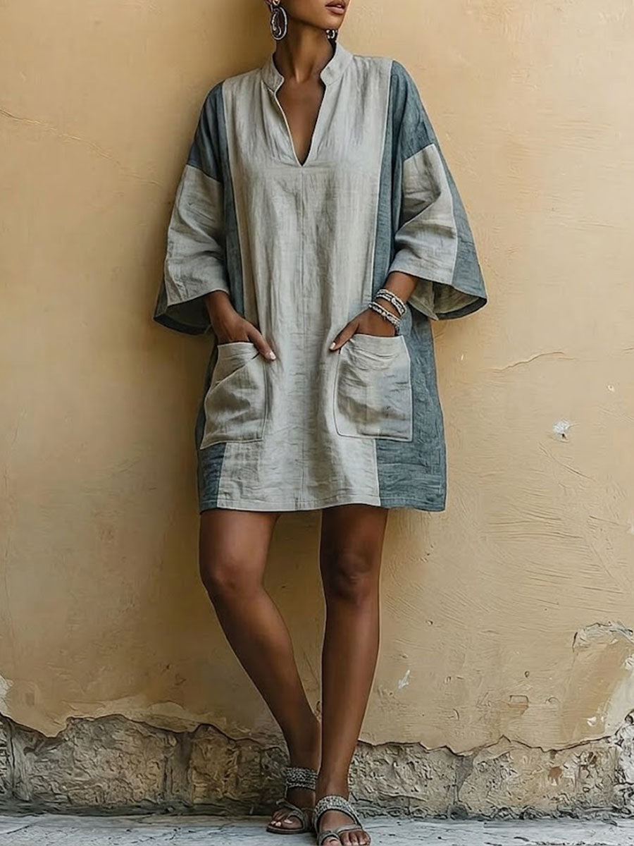 Women's Minimalist Stand-up Collar Cotton Linen Pocket Dress