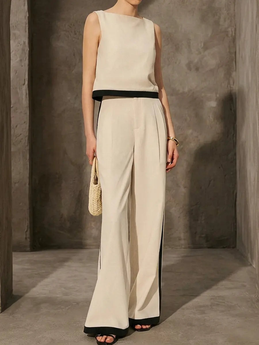 Linen & Cotton Contrast Binding Pant Set