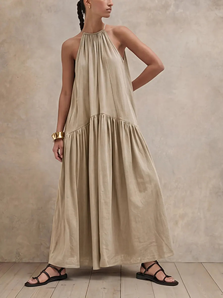 Summer Relaxed Fit HalterMaxi Dress, Oversized Linen Blend Sleeveless Swing Long Dress for Vacation Daily Wear