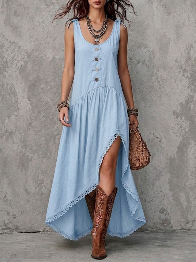 Cozy, Casual Sleeveless Linen-cotton Blend Dress With Lace-trimmed Hem