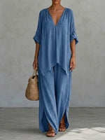 Cozy And Casual Linen-cotton Two-piece Set (top And Trousers)