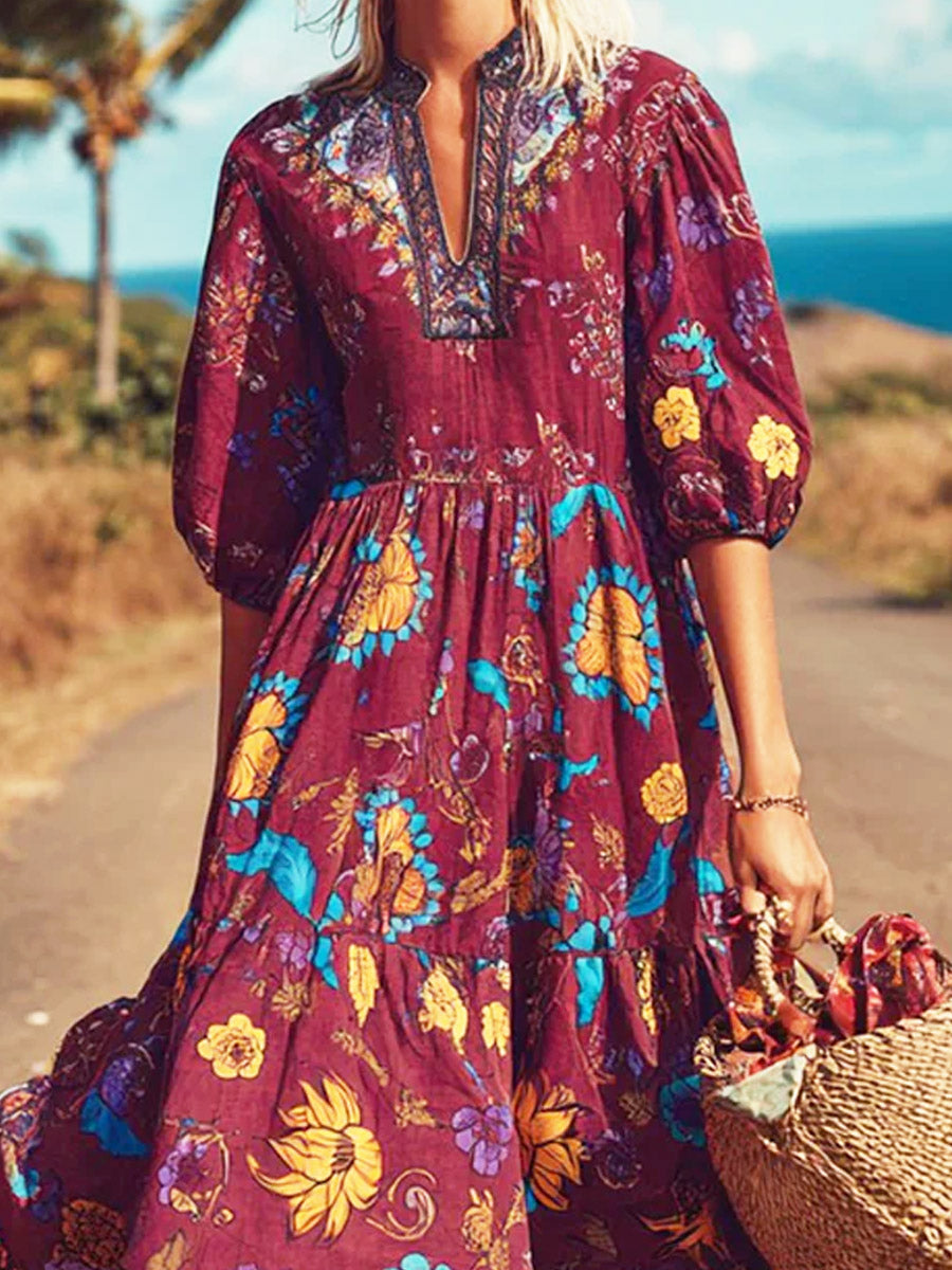 Women's Retro Ethnic Floral Pattern Art Print Casual Cotton Linen Dress