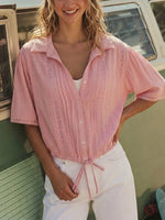 Women Pink Short Sleeve Blouse, Down Cropped Top With Adjustable Drawstring Hem