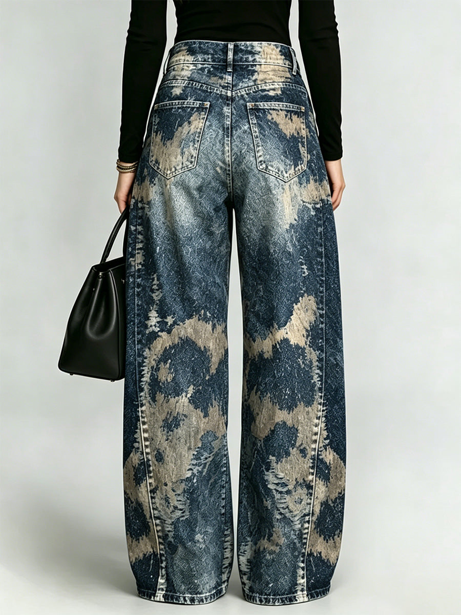 Vintage Leopard Print Eyelet Cutout Wide Leg Jeans