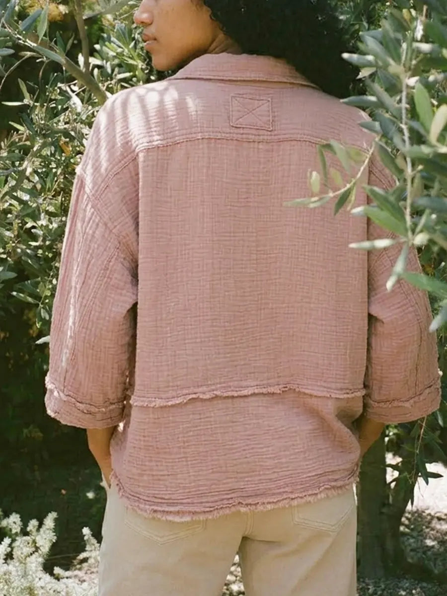 Dusty Pink Raw Edge 3/4 Sleeve Cropped Button Down Casual Shirt