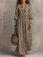 Women's Leopard Print V-neck Cotton-linen Dress