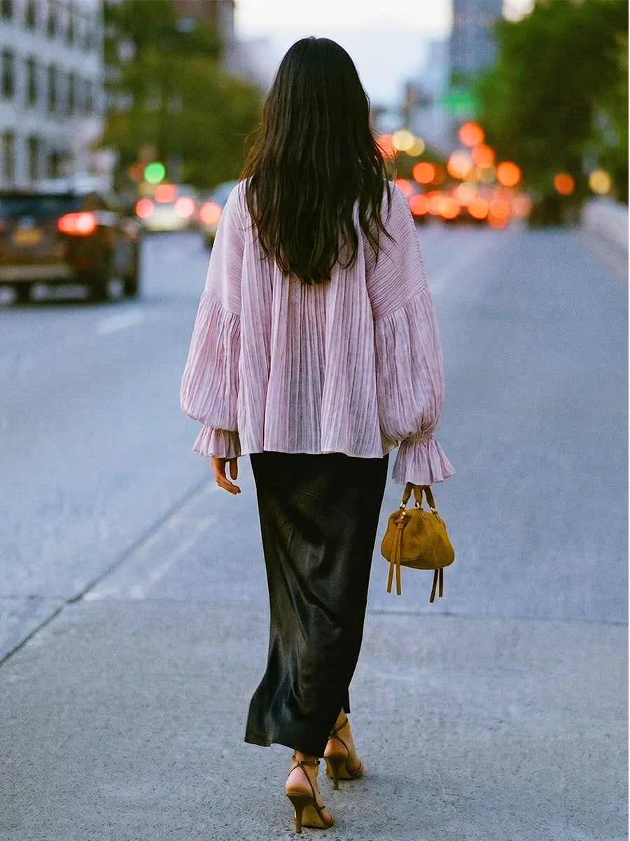 Women Vintage Pleated Frill Mandarin Collar Voluminous Bishop Sleeve Blouse