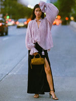 Women Vintage Pleated Frill Mandarin Collar Voluminous Bishop Sleeve Blouse