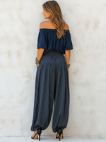 Casual Off-shoulder Linen & Cotton Top With Striped Lantern Pants Two-piece Set