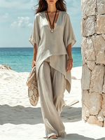 Natural Linen Deep V Batwing Irregular Asymmetric Top & Wide Leg Pants Set