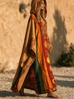 Boho Star & Moon Print Cotton-linen Hooded Dress