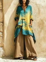 Women's Retro Gradient Print Cotton-linen Two-piece Set