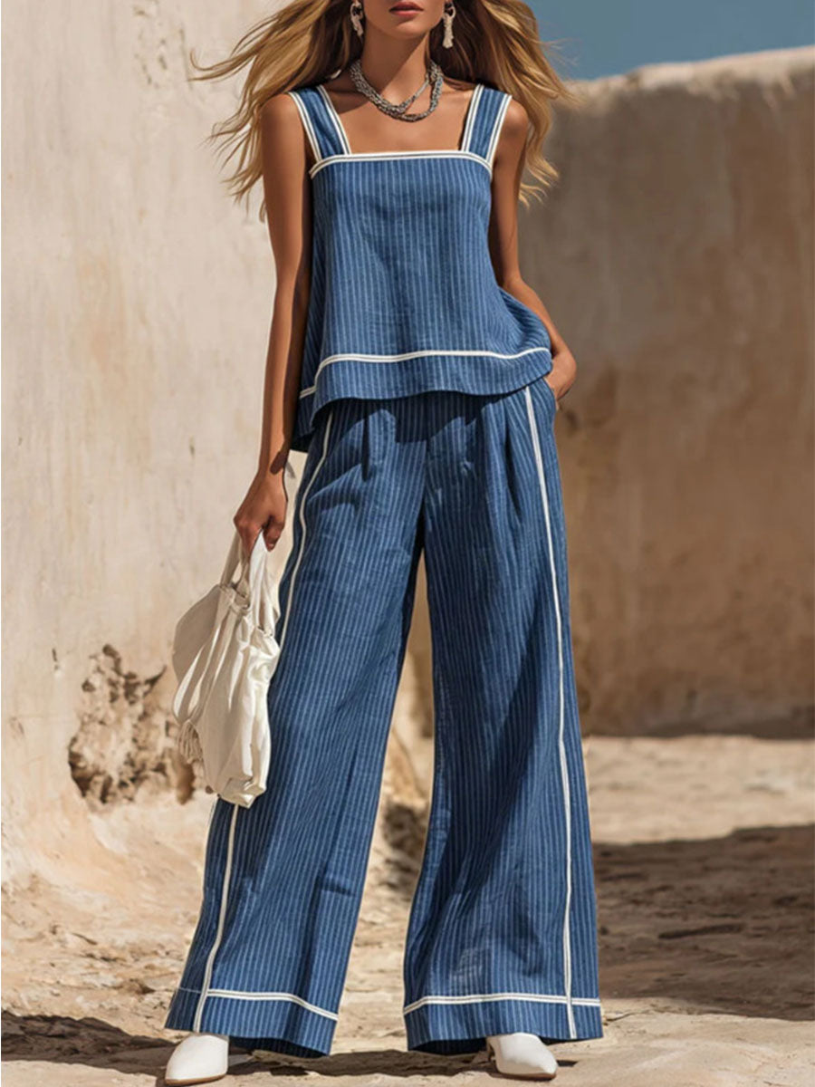 Women's Retro Blue Striped Cotton-linen Sleeveless Top And Pants Set