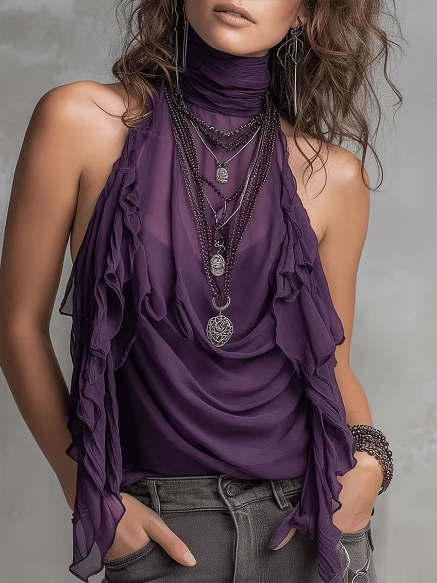 Women's Solid Color Sleeveless Chiffon Top With High Neck Ruffles And Loose Casual Fit