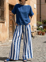 Women's Striped Art Comfortable Casual Top And Pants Cotton Linen Two-piece Set
