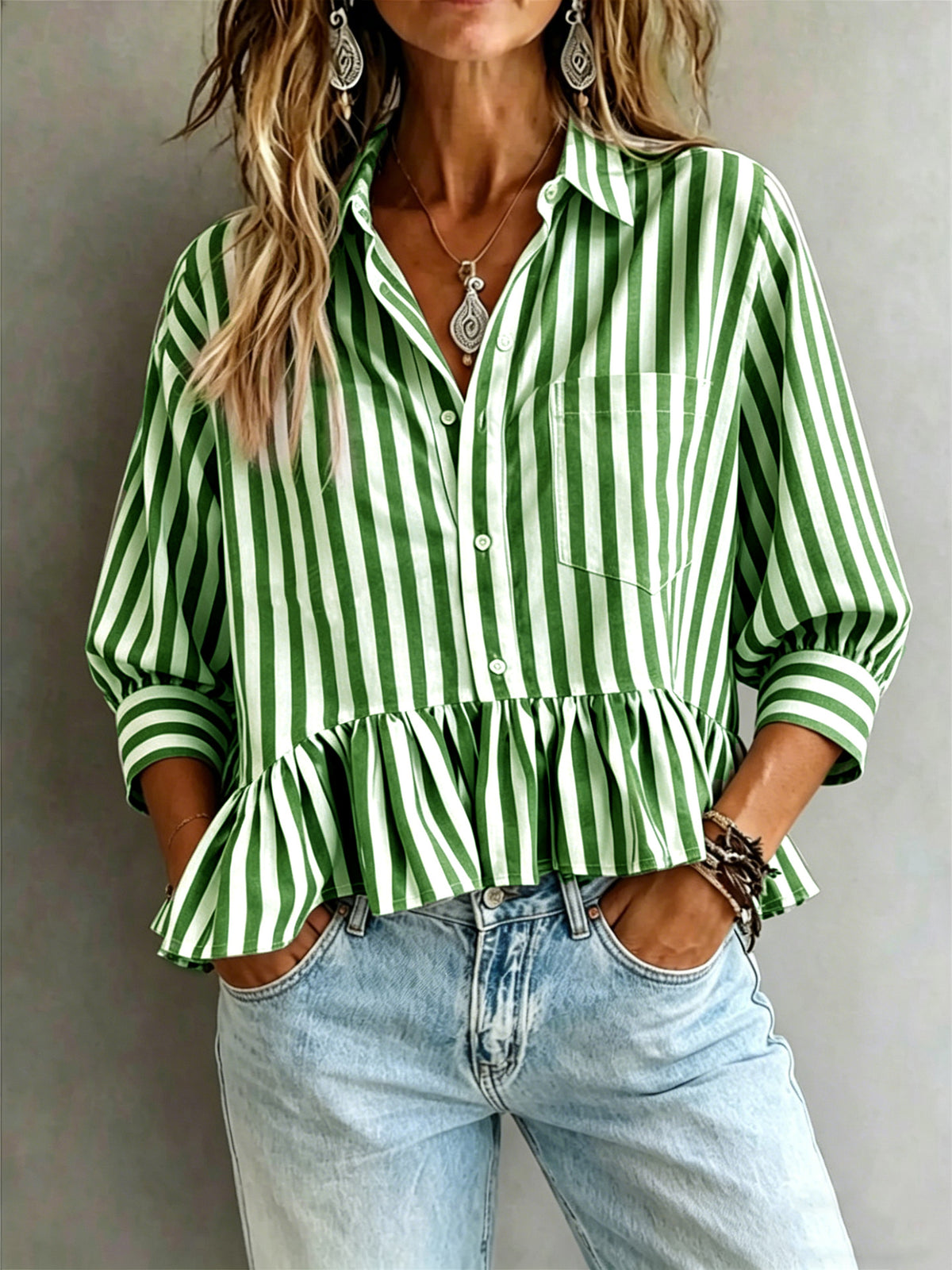 Women's Striped Ruffled Cropped 3/4-sleeve Shirt