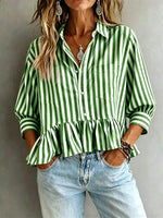 Women's Striped Ruffled Cropped 3/4-sleeve Shirt