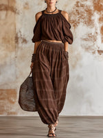 Casual Off-shoulder Linen-blend Top & Plaid Pants Two-piece Set