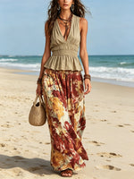 Women's Sleeveless Art Stylish Casual Top And Floral Skirt Two-piece Set