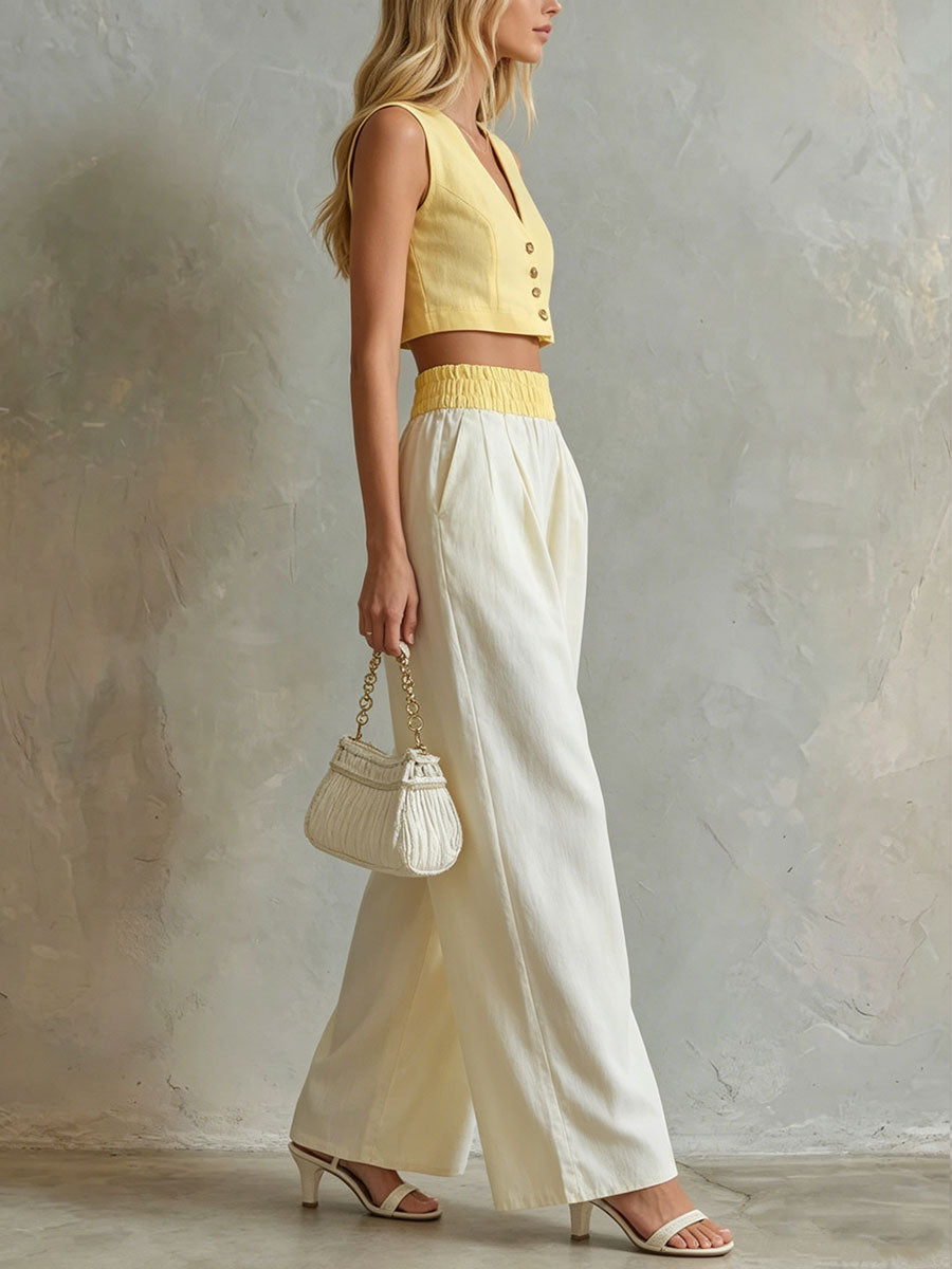 Women's Retro Yellow Sleeveless Vest And Off-white Wide-leg Trousers Set