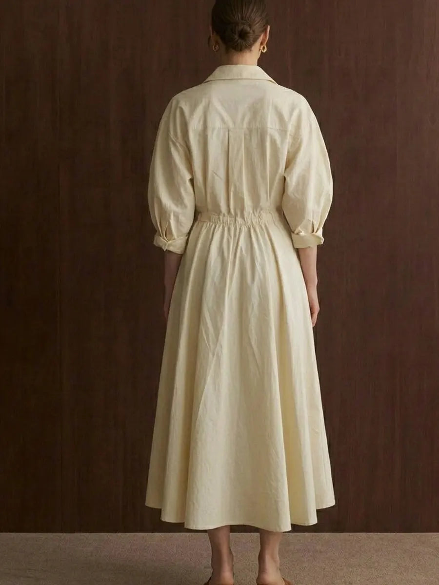 Beige Peter Pan Collar Pockets Cotton Dress Long Sleeve