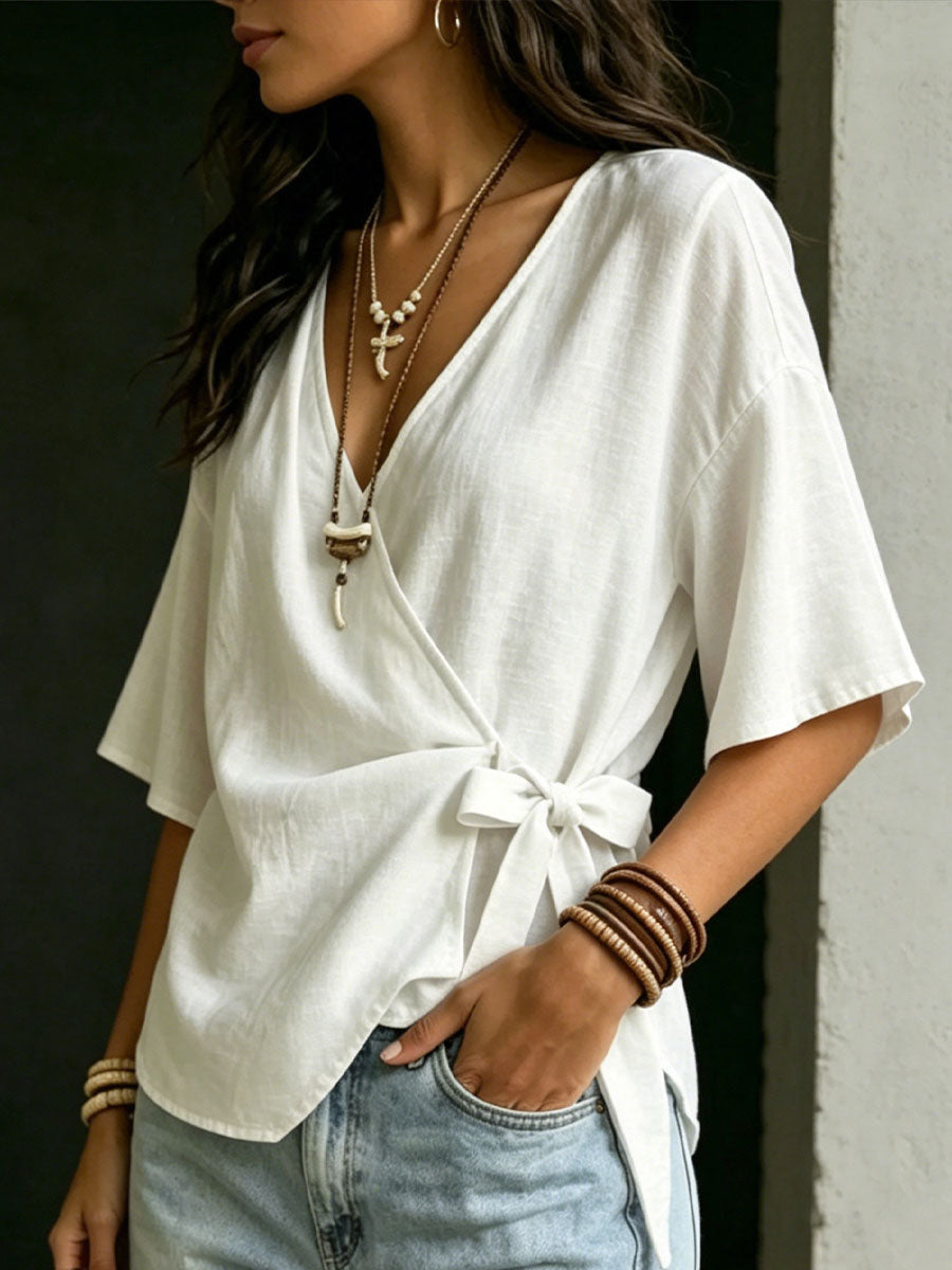 Women's Casual Solid-color Loose V-neck Short-sleeve Tie-front Top