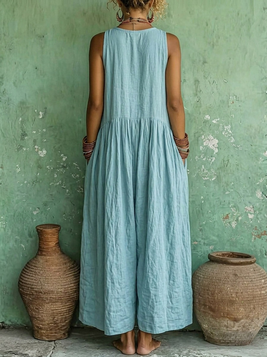 Women's Retro Ethnic Floral Pattern Art Print Casual Cotton Linen Dress