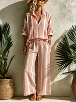 Striped Roll-up Sleeve Collared Shirt + Drawstring Wide-leg Pants Two-piece Set